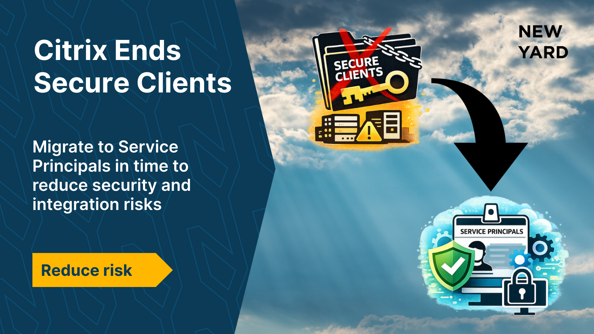 Visual showing the move from Citrix Secure Clients to Service Principals with a focus on security and control.
