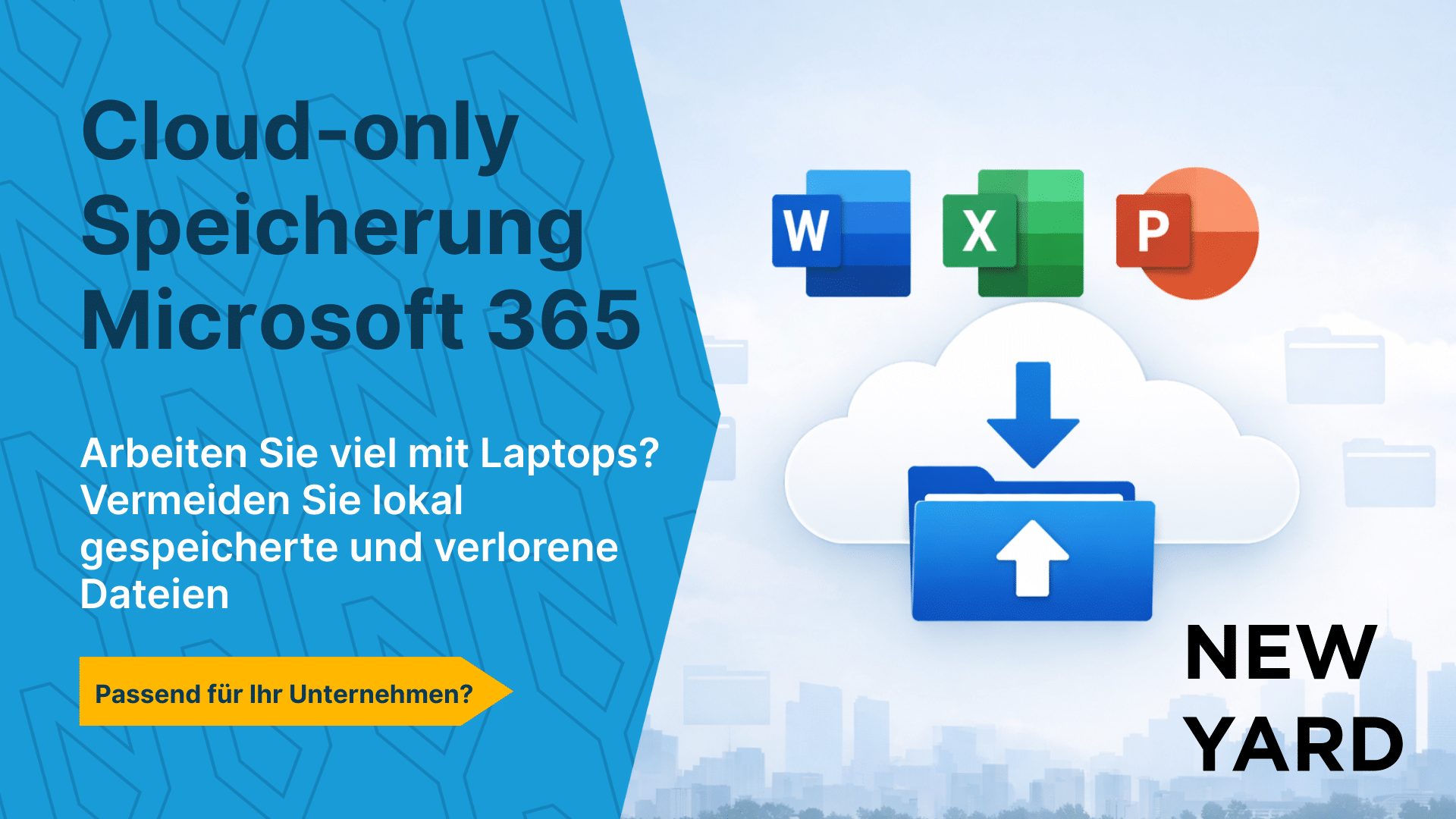 Abbildung von Microsoft 365 mit Word, Excel und PowerPoint, wo Dateien automatisch in der Cloud statt lokal auf Laptops gespeichert werden.