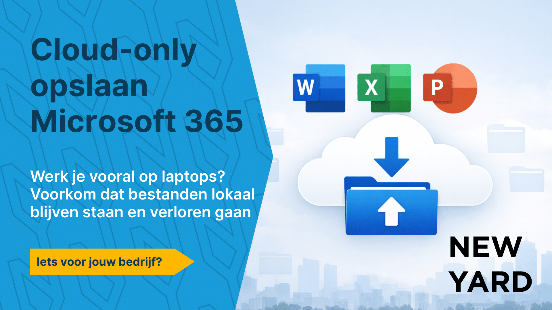 Illustratie van Microsoft 365 met Word, Excel en PowerPoint waarbij bestanden automatisch in de cloud worden opgeslagen in plaats van lokaal op laptops.