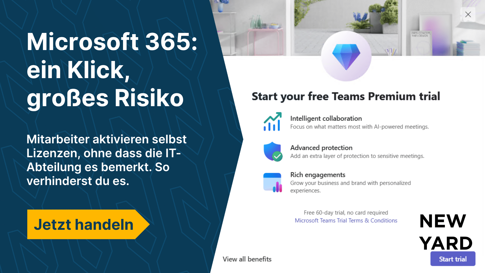 Infografik zu Microsoft 365-Selbstbedienungskäufen: Risiken der Schatten-IT, unkontrollierte Cloud-Kosten und wie IT-Manager diese über das Admin Center abschalten.