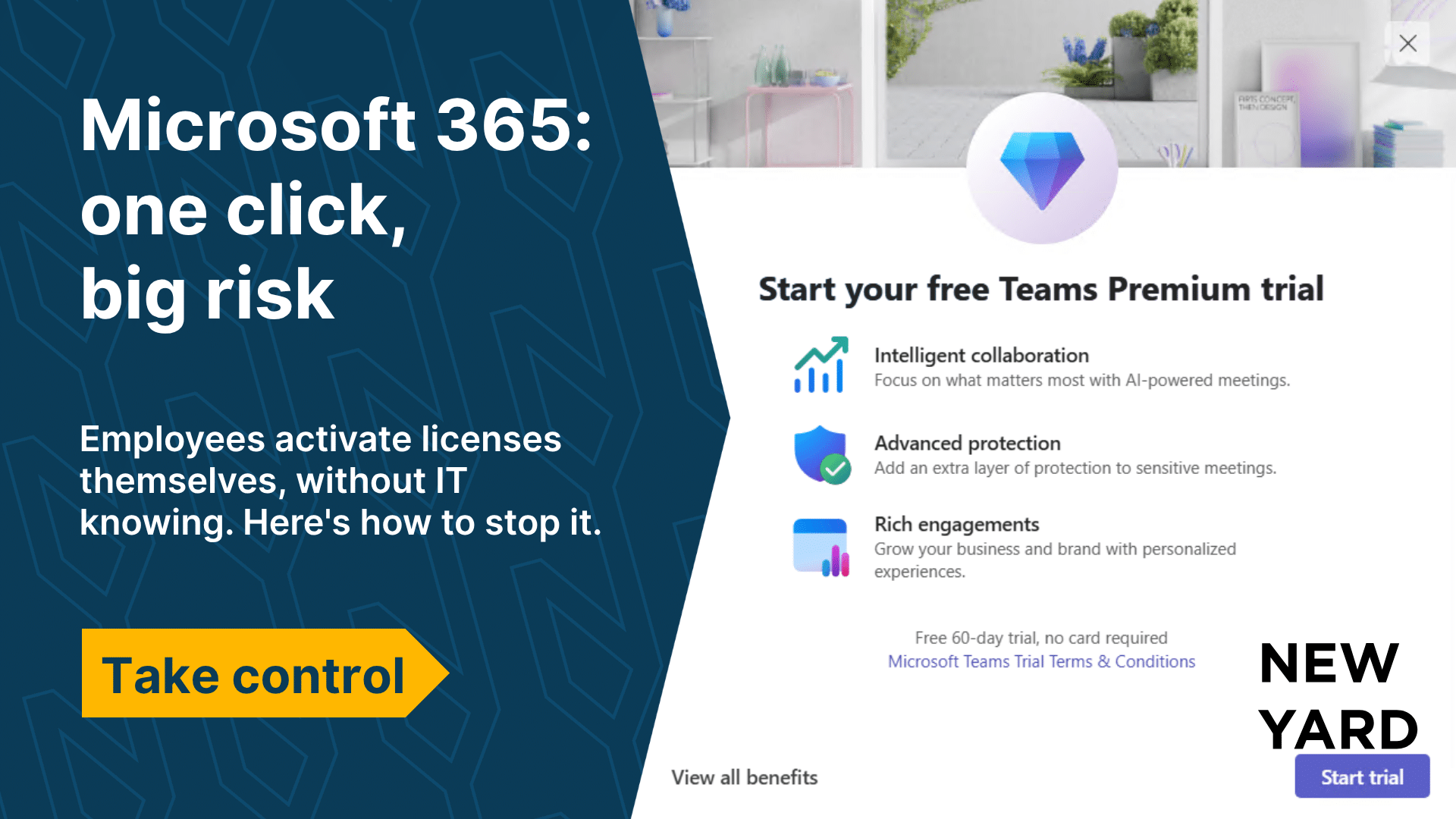 Infographic on Microsoft 365 self-service purchases: risks of shadow IT, uncontrolled cloud costs and how IT managers turn it off through the Admin Center.