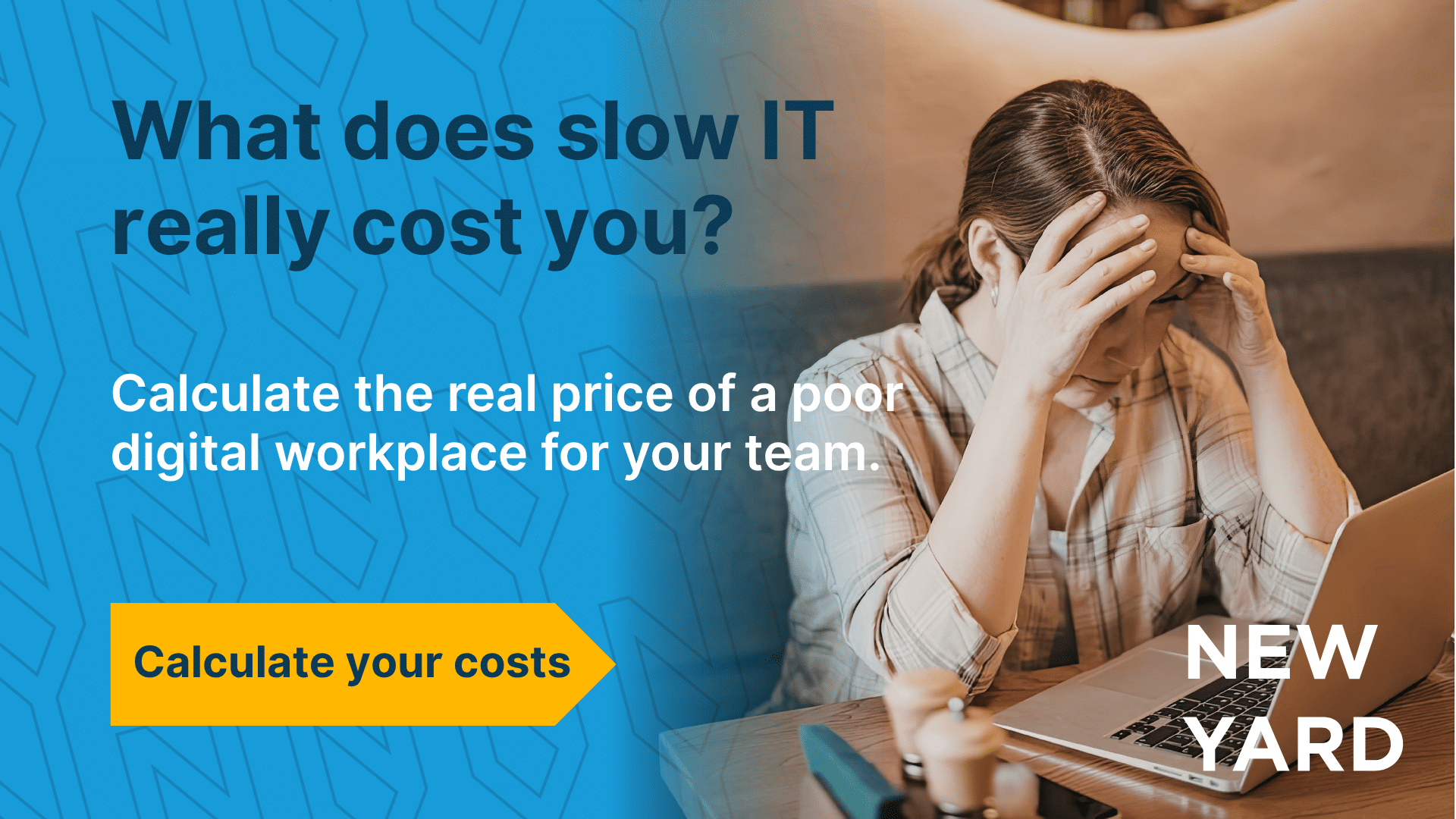 Employee behind laptop with loading screen, symbolizes lost productivity due to slow IT