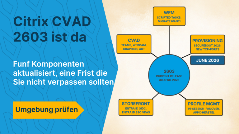 Hub-and-Spoke-Diagramm mit CVAD 2603 in der Mitte, umgeben von VDA, WEM, Profile Management, Provisioning und StoreFront, mit einem Dringlichkeitsausweis bei Provisioning für die SecureBoot-Frist im Juni 2026