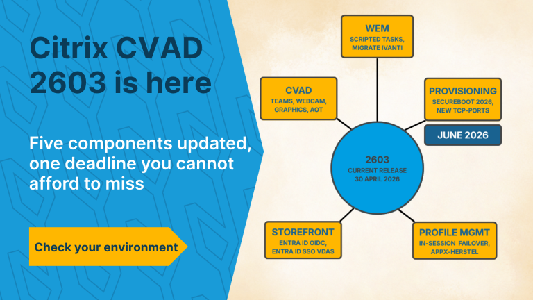 Hub and spoke diagram showing CVAD 2603 in the center, surrounded by VDA, WEM, Profile Management, Provisioning and StoreFront, with an urgency badge at Provisioning for the June 2026 SecureBoot deadline