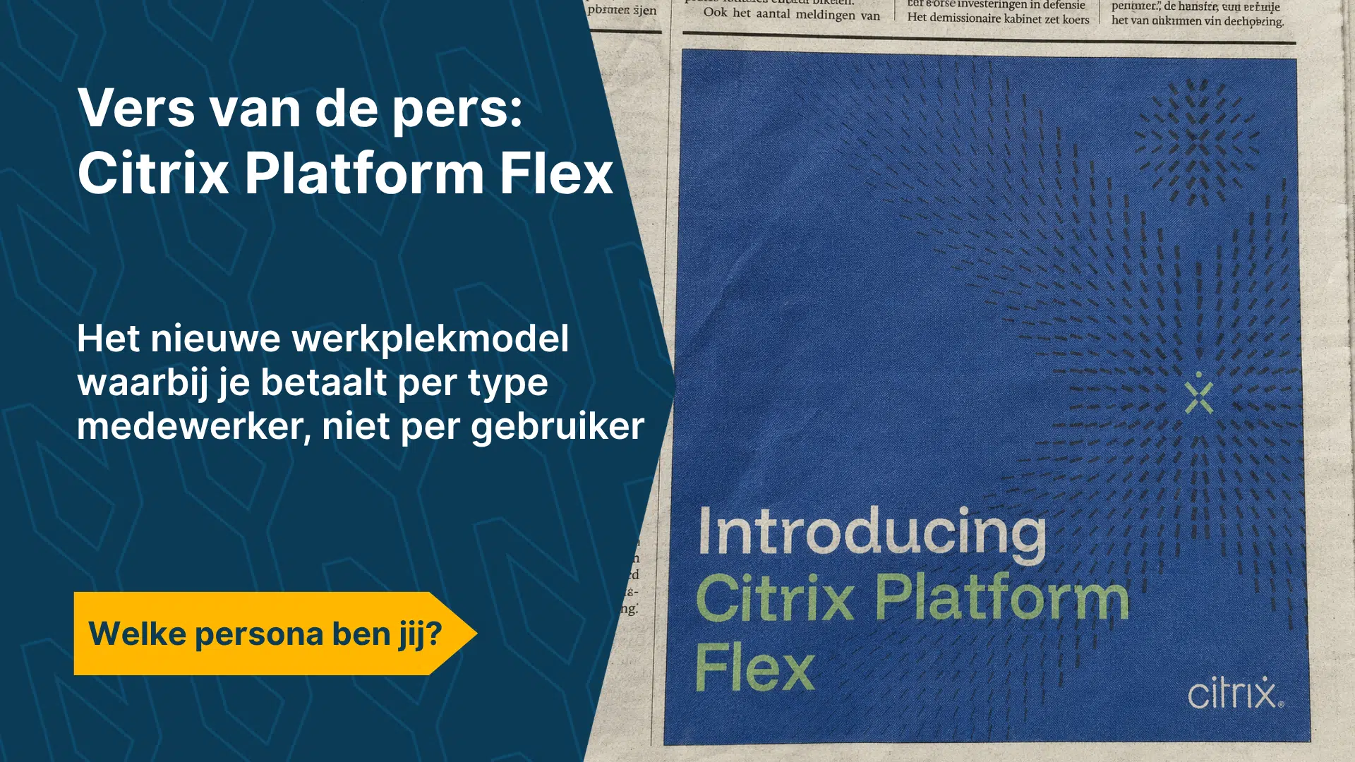 Krantenpagina met de aankondiging van Citrix Platform Flex, het nieuwe werkplekmodel waarbij organisaties betalen per type medewerker. Tekst: Vers van de pers: Citrix Platform Flex.