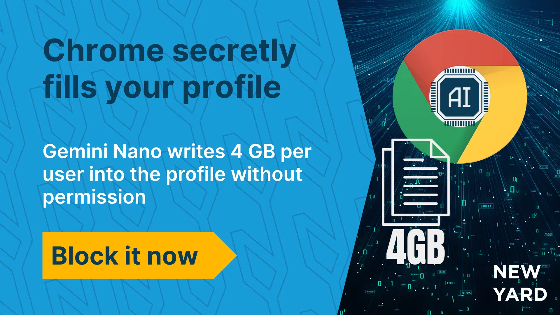 Infographic with the text "Chrome secretly populates your user profiles" and subtitle "Gemini Nano writes 4 GB per user to profile without permission" with CTA "Block it now," in New Yard's house style.
