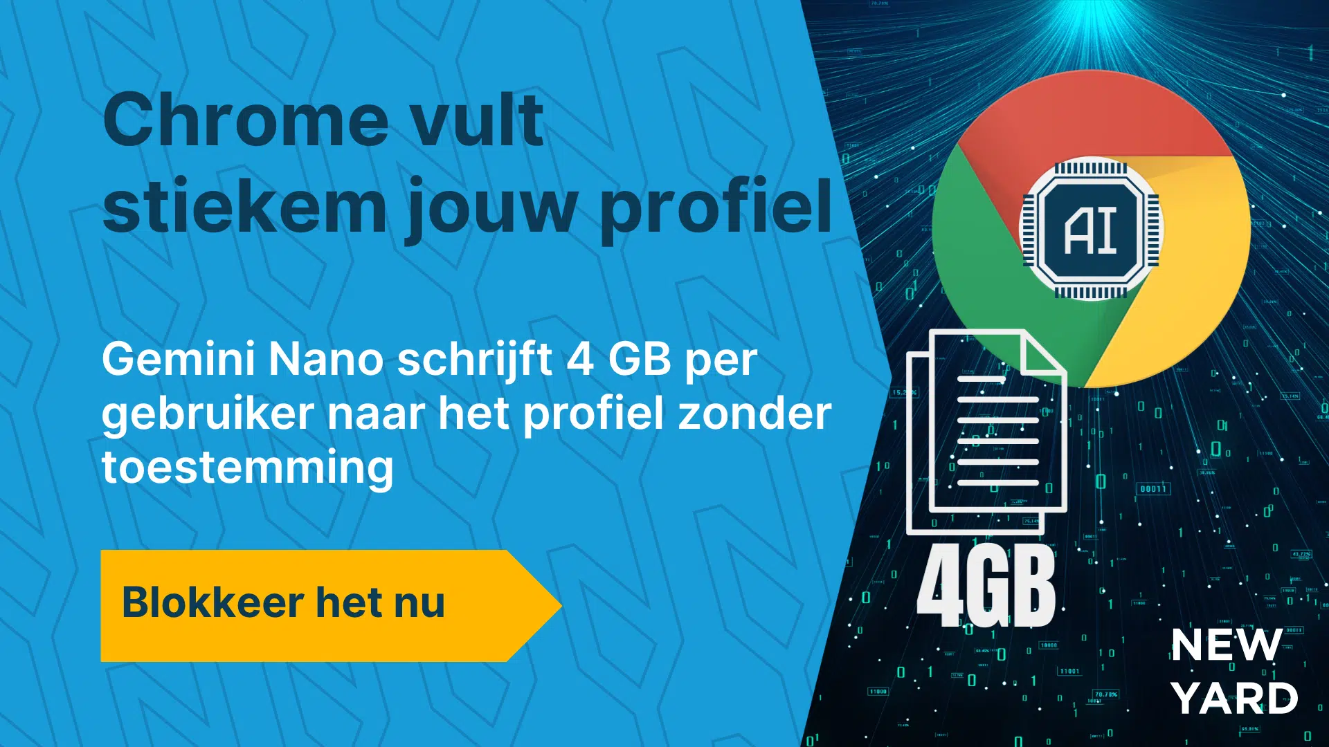 Infographic met de tekst "Chrome vult stiekem jouw gebruikersprofielen" en subtitel "Gemini Nano schrijft 4 GB per gebruiker naar het profiel zonder toestemming" met CTA "Blokkeer het nu", in de huisstijl van New Yard.