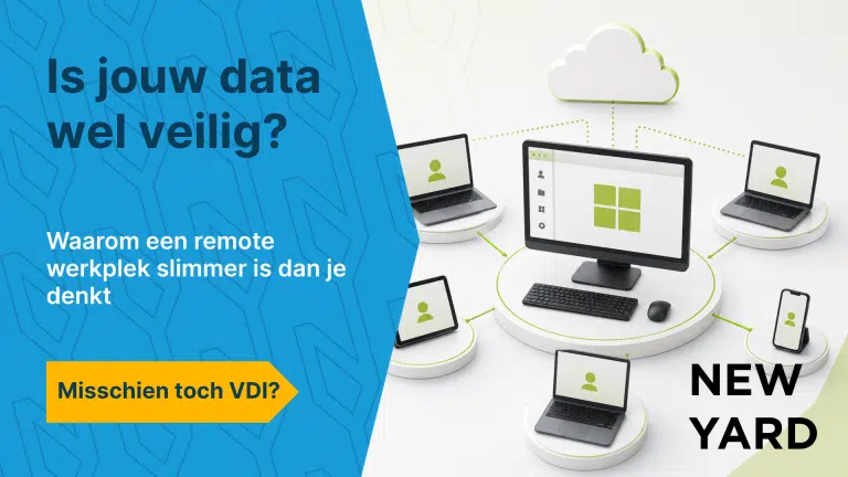 Infographic met de tekst "Data intern, endpoint leeg" en subtitel "Waarom een remote werkplek slimmer is dan je denkt", met een call-to-action "Lees het artikel", in de huisstijl van New Yard.