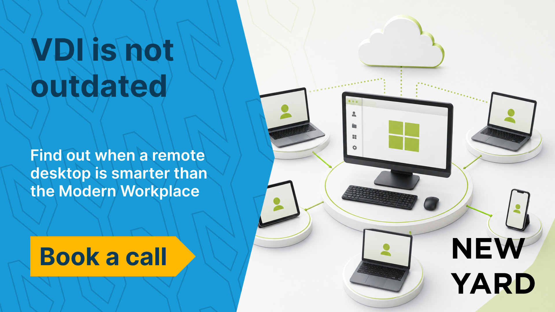 An infographic with the text "Data internal, endpoint empty" and the subtitle "Why a remote workspace is smarter than you think," featuring a call to action "Read the article," in New Yard's corporate style.