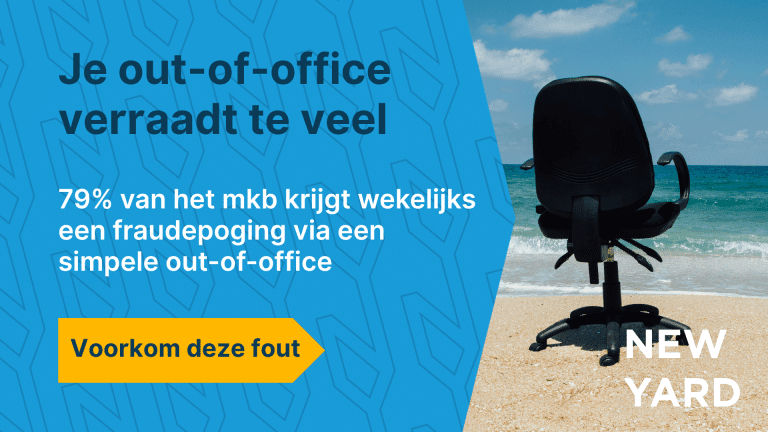 Alt-tekst: Statistiek-visual met de tekst "79% van het mkb krijgt wekelijks een fraudepoging via de afwezigheidsmail", met knop "Voorkom deze fout".