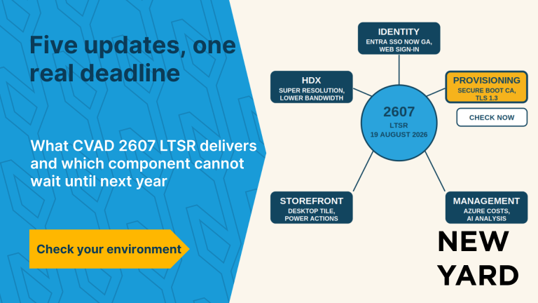 Diagram showing five Citrix components related to version 2607 LTSR, with Provisioning highlighted in yellow as the component requiring immediate attention.