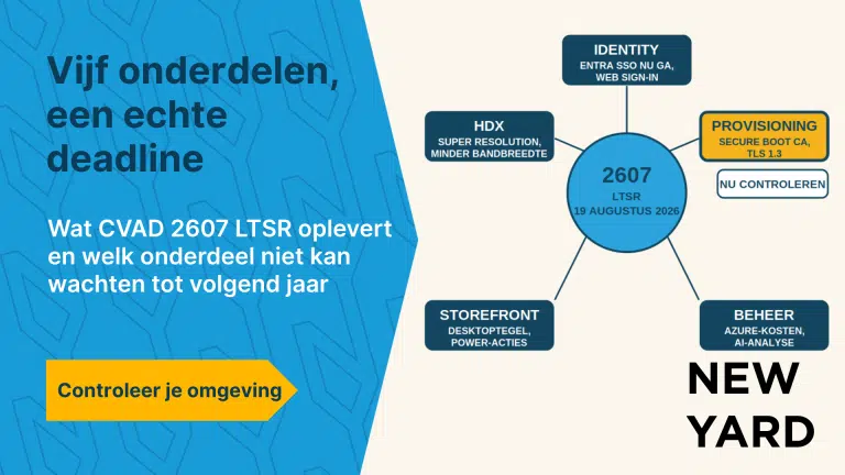 Diagram showing five Citrix components related to version 2607 LTSR, with Provisioning highlighted in yellow as the component requiring immediate attention.