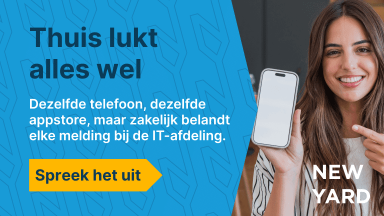 Visual met de tekst "Thuis lukt alles wel" en daaronder de uitleg dat dezelfde telefoon en appstore privé wel werken, maar dat zakelijke meldingen bij de IT-afdeling terechtkomen, met een oproep om een gesprek te plannen. Visual met de tekst "Thuis lukt alles wel" en daaronder de uitleg dat dezelfde telefoon en appstore privé wel werken, maar dat zakelijke meldingen bij de IT-afdeling terechtkomen, met een oproep om een gesprek te plannen.