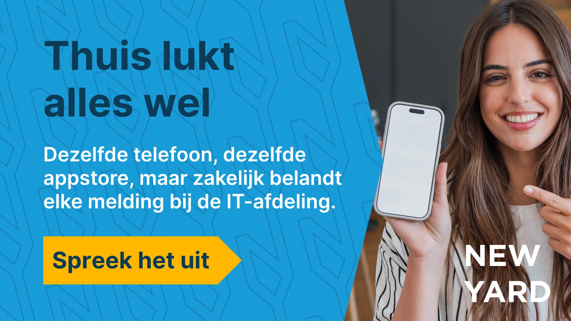 Visual met de tekst "Thuis lukt alles wel" en daaronder de uitleg dat dezelfde telefoon en appstore privé wel werken, maar dat zakelijke meldingen bij de IT-afdeling terechtkomen, met een oproep om een gesprek te plannen. Visual met de tekst "Thuis lukt alles wel" en daaronder de uitleg dat dezelfde telefoon en appstore privé wel werken, maar dat zakelijke meldingen bij de IT-afdeling terechtkomen, met een oproep om een gesprek te plannen.