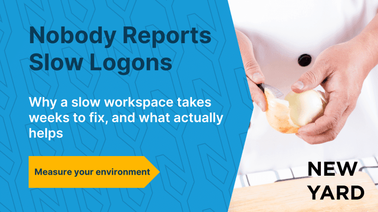 A blue background with the text "Almost no one reports slowness" and, below that, "Why it takes weeks to fix a slow workplace—and what helps," along with a yellow button that says "Measure your environment." On the right, a photo of two hands peeling an onion with a knife on a wooden cutting board, with a keyboard in the background. In the lower right corner, the New Yard logo.