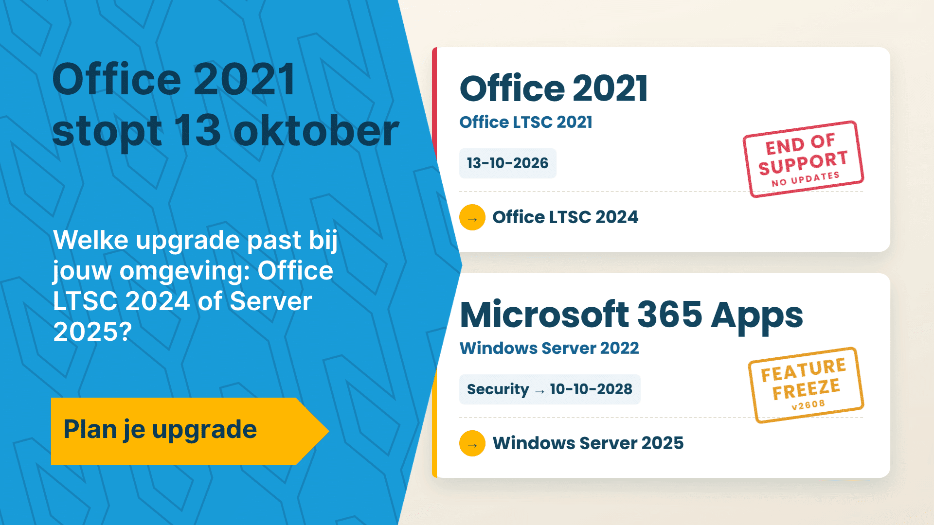 Office 2021 end of support op 13-10-2026: geen updates meer, upgrade naar Office LTSC 2024. Microsoft 365 Apps op Windows Server 2022 krijgt na versie 2608 geen nieuwe functies, beveiligingsupdates tot 10-10-2028, upgrade naar Windows Server 2025. Office 2021 end of support op 13-10-2026: geen updates meer, upgrade naar Office LTSC 2024. Microsoft 365 Apps op Windows Server 2022 krijgt na versie 2608 geen nieuwe functies, beveiligingsupdates tot 10-10-2028, upgrade naar Windows Server 2025.